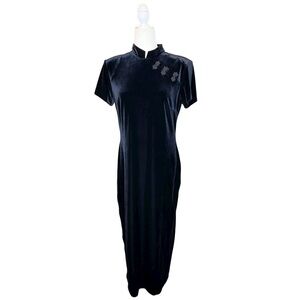 VINTAGE RJ COLLECTION by Chelsea Rousso Black Velvet Cheongsam Maxi Dress. SZ:12